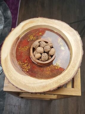 Acacia Wood Serving Platter - Charcuterie,  Appetizers, Orange Gold Resin Ring